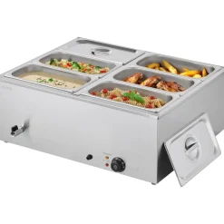 VEVOR Commercial Food Warmer, 1500W Electric Stainless Steel Steam Food Warmer with Lid, 6-Pan Fast Heating Countertop Buffet Bain Marie with Soup & Perforated Ladles, for Catering, Restaurant, Party