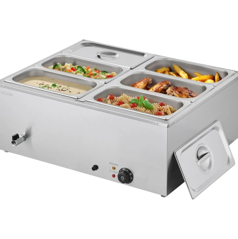 VEVOR Commercial Food Warmer, 1500W Electric Stainless Steel Steam Food Warmer with Lid, 6-Pan Fast Heating Countertop Buffet Bain Marie with Soup & Perforated Ladles, for Catering, Restaurant, Party