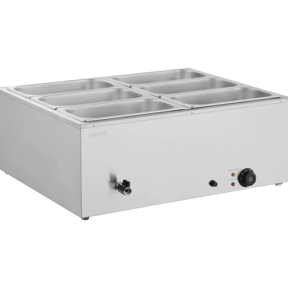 VEVOR Commercial Food Warmer, 1500W Electric Stainless Steel Steam Food Warmer with Lid, 6-Pan Fast Heating Countertop Buffet Bain Marie with Soup & Perforated Ladles, for Catering, Restaurant, Party