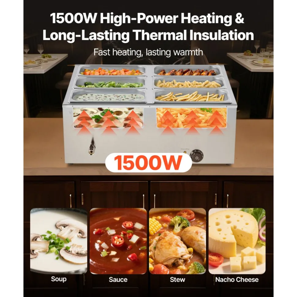 VEVOR Commercial Food Warmer, 1500W Electric Stainless Steel Steam Food Warmer with Lid, 6-Pan Fast Heating Countertop Buffet Bain Marie with Soup & Perforated Ladles, for Catering, Restaurant, Party