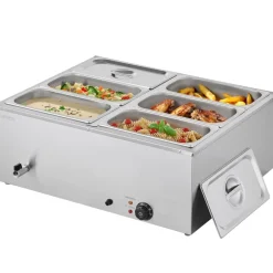 VEVOR Commercial Food Warmer, 1500W Electric Stainless Steel Steam Food Warmer with Lid, 6-Pan Fast Heating Countertop Buffet Bain Marie with Soup & Perforated Ladles, for Catering, Restaurant, Party