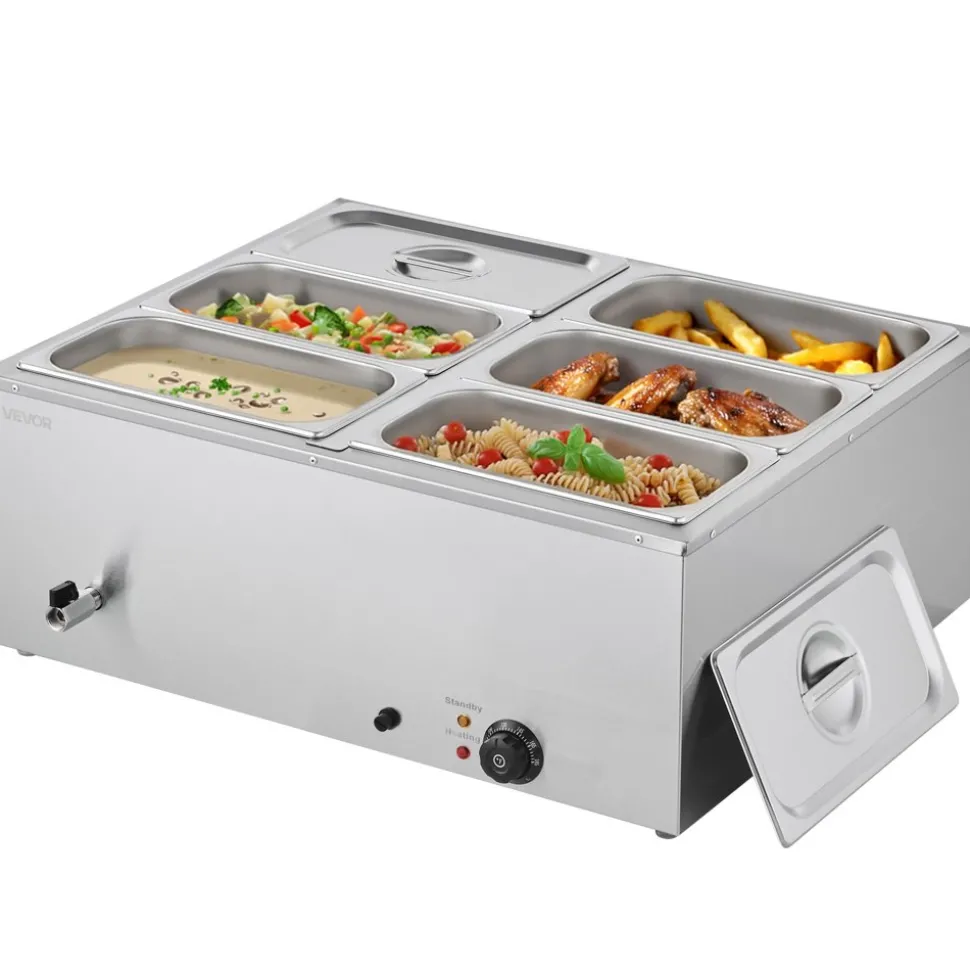 VEVOR Commercial Food Warmer, 1500W Electric Stainless Steel Steam Food Warmer with Lid, 6-Pan Fast Heating Countertop Buffet Bain Marie with Soup & Perforated Ladles, for Catering, Restaurant, Party