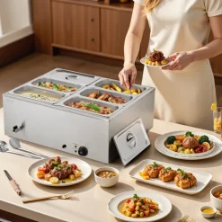 VEVOR Commercial Food Warmer, 1500W Electric Stainless Steel Steam Food Warmer with Lid, 6-Pan Fast Heating Countertop Buffet Bain Marie with Soup & Perforated Ladles, for Catering, Restaurant, Party