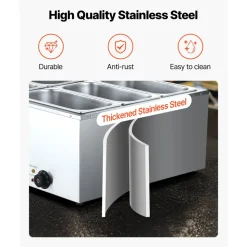 VEVOR Commercial Food Warmer, 1500W Electric Stainless Steel Steam Food Warmer with Lid, 6-Pan Fast Heating Countertop Buffet Bain Marie with Soup & Perforated Ladles, for Catering, Restaurant, Party