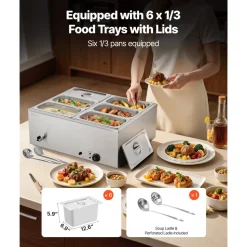 VEVOR Commercial Food Warmer, 1500W Electric Stainless Steel Steam Food Warmer with Lid, 6-Pan Fast Heating Countertop Buffet Bain Marie with Soup & Perforated Ladles, for Catering, Restaurant, Party