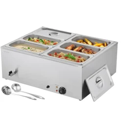VEVOR Commercial Food Warmer, 1500W Electric Stainless Steel Steam Food Warmer with Lid, 6-Pan Fast Heating Countertop Buffet Bain Marie with Soup & Perforated Ladles, for Catering, Restaurant, Party