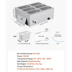VEVOR Commercial Food Warmer, 1500W Electric Stainless Steel Steam Food Warmer with Lid, 6-Pan Fast Heating Countertop Buffet Bain Marie with Soup & Perforated Ladles, for Catering, Restaurant, Party