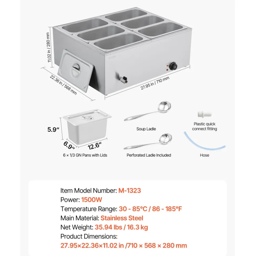 VEVOR Commercial Food Warmer, 1500W Electric Stainless Steel Steam Food Warmer with Lid, 6-Pan Fast Heating Countertop Buffet Bain Marie with Soup & Perforated Ladles, for Catering, Restaurant, Party
