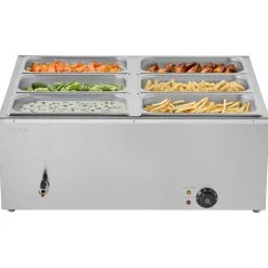 VEVOR Commercial Food Warmer, 1500W Electric Stainless Steel Steam Food Warmer with Lid, 6-Pan Fast Heating Countertop Buffet Bain Marie with Soup & Perforated Ladles, for Catering, Restaurant, Party