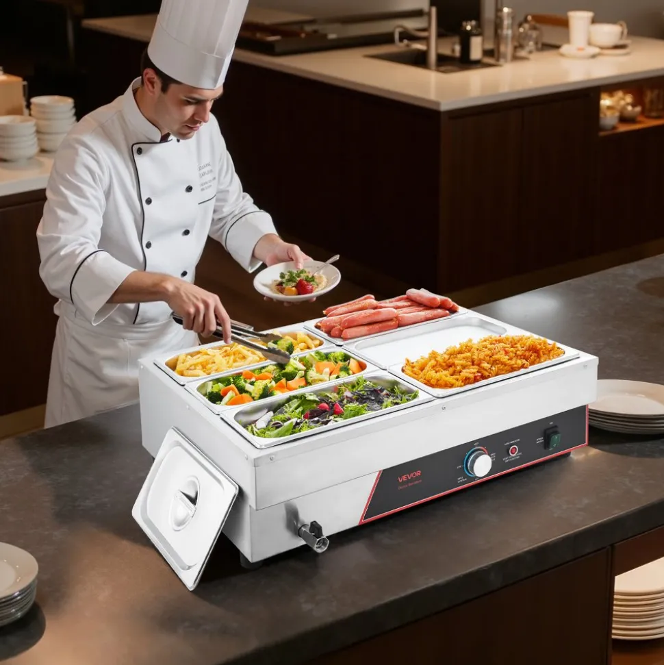 VEVOR Commercial Food Warmer, 1500W Electric Stainless Steel Steam Food Warming with Lid, 6-Pan Fast Heating Countertop Buffet Bain Marie with Power Cord, for Catering, Restaurant, Party & Buffets