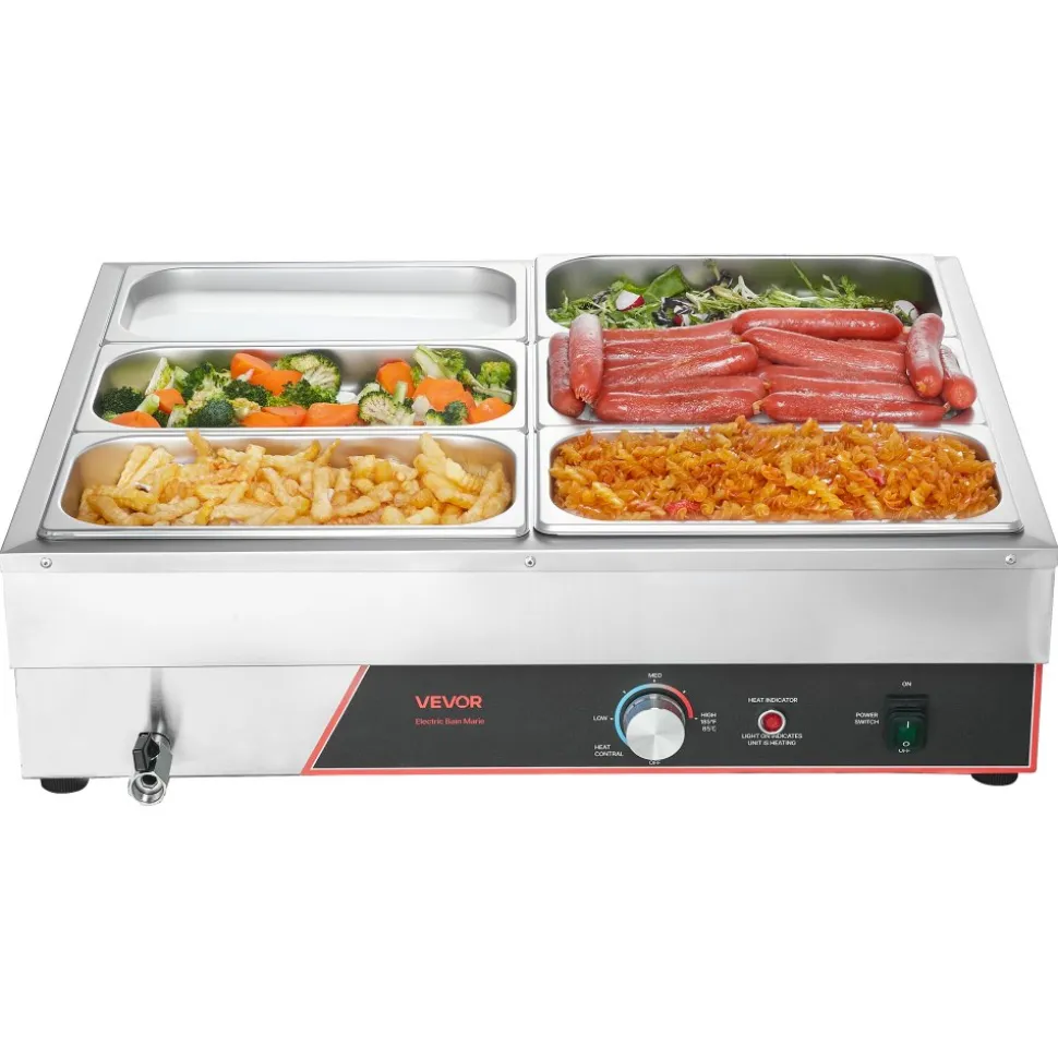 VEVOR Commercial Food Warmer, 1500W Electric Stainless Steel Steam Food Warming with Lid, 6-Pan Fast Heating Countertop Buffet Bain Marie with Power Cord, for Catering, Restaurant, Party & Buffets