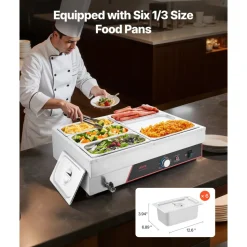 VEVOR Commercial Food Warmer, 1500W Electric Stainless Steel Steam Food Warming with Lid, 6-Pan Fast Heating Countertop Buffet Bain Marie with Power Cord, for Catering, Restaurant, Party & Buffets
