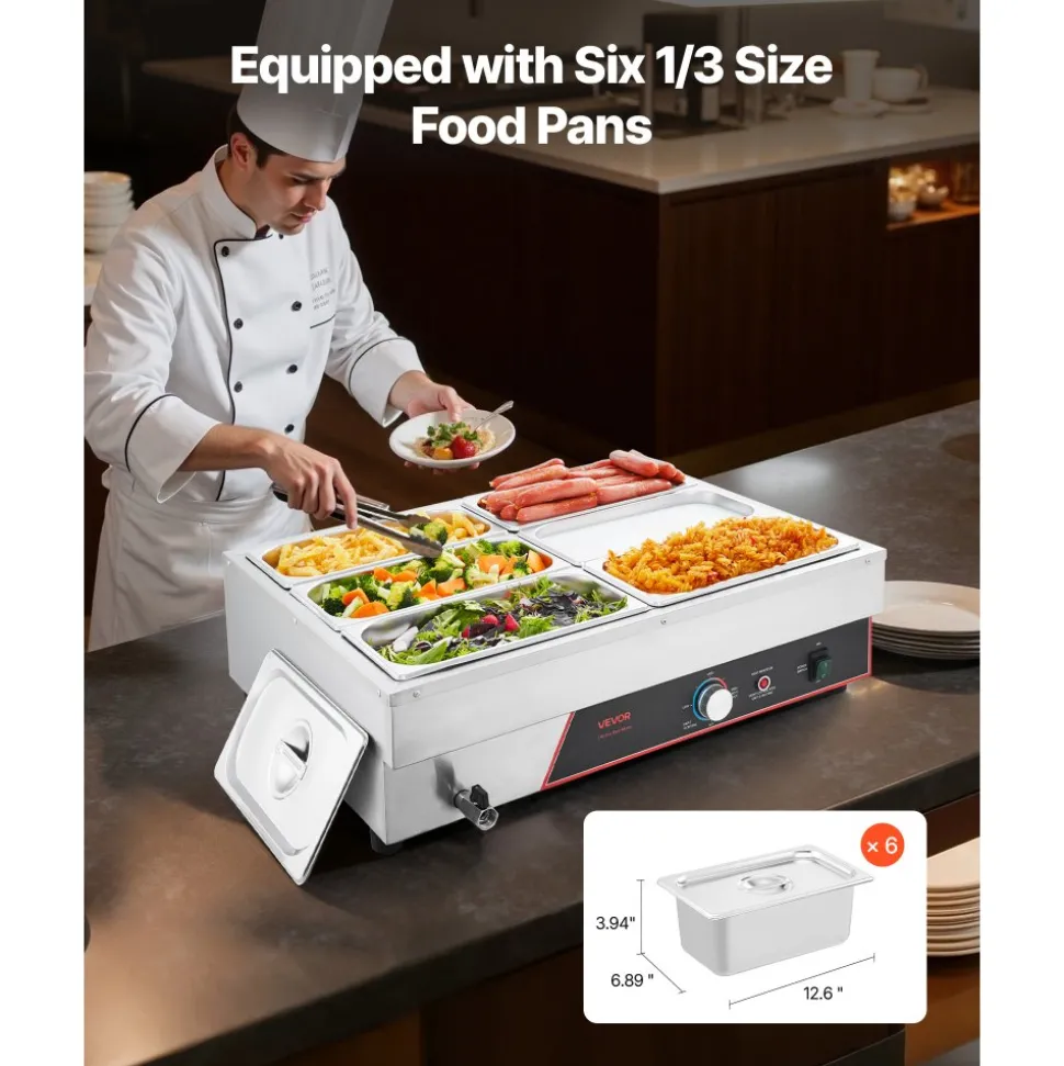 VEVOR Commercial Food Warmer, 1500W Electric Stainless Steel Steam Food Warming with Lid, 6-Pan Fast Heating Countertop Buffet Bain Marie with Power Cord, for Catering, Restaurant, Party & Buffets