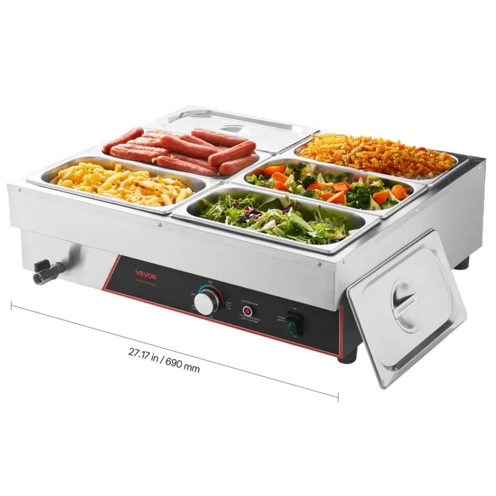 VEVOR Commercial Food Warmer, 1500W Electric Stainless Steel Steam Food Warming with Lid, 6-Pan Fast Heating Countertop Buffet Bain Marie with Power Cord, for Catering, Restaurant, Party & Buffets