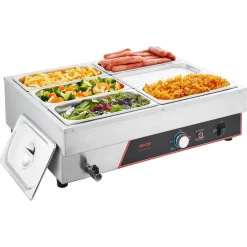 VEVOR Commercial Food Warmer, 1500W Electric Stainless Steel Steam Food Warming with Lid, 6-Pan Fast Heating Countertop Buffet Bain Marie with Power Cord, for Catering, Restaurant, Party & Buffets