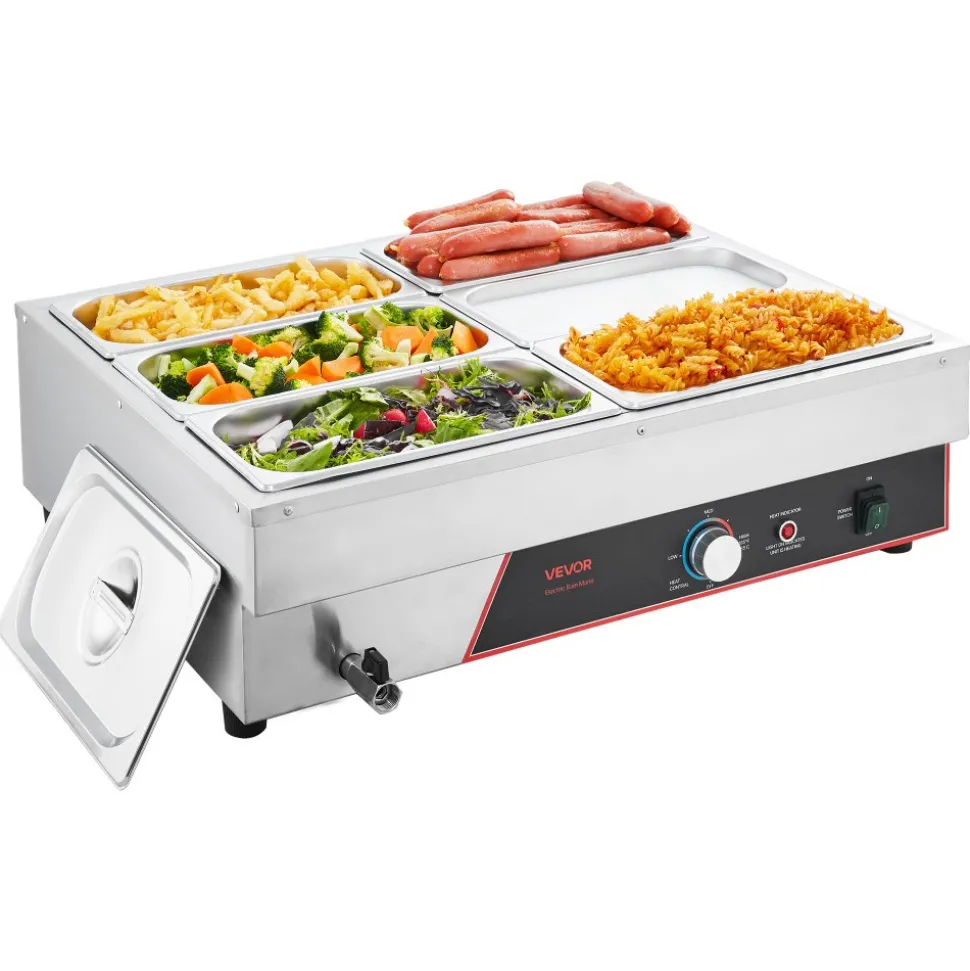 VEVOR Commercial Food Warmer, 1500W Electric Stainless Steel Steam Food Warming with Lid, 6-Pan Fast Heating Countertop Buffet Bain Marie with Power Cord, for Catering, Restaurant, Party & Buffets