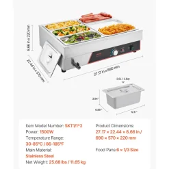VEVOR Commercial Food Warmer, 1500W Electric Stainless Steel Steam Food Warming with Lid, 6-Pan Fast Heating Countertop Buffet Bain Marie with Power Cord, for Catering, Restaurant, Party & Buffets