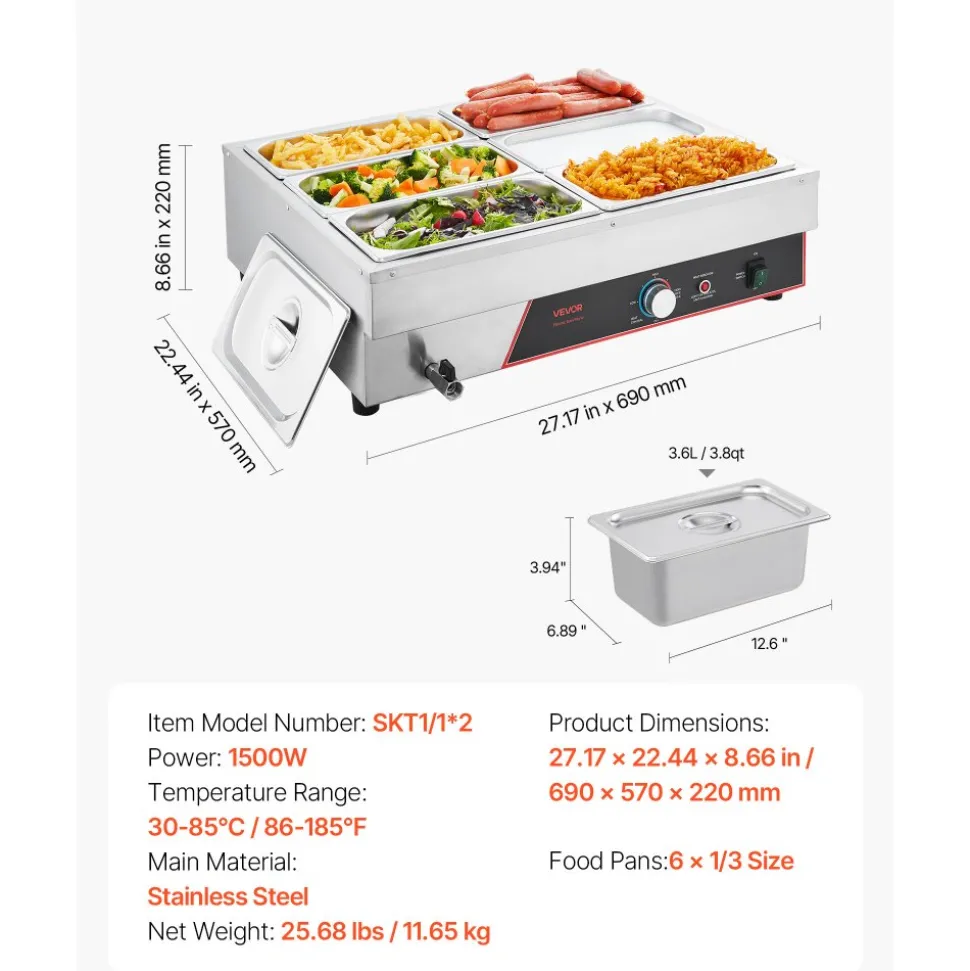VEVOR Commercial Food Warmer, 1500W Electric Stainless Steel Steam Food Warming with Lid, 6-Pan Fast Heating Countertop Buffet Bain Marie with Power Cord, for Catering, Restaurant, Party & Buffets