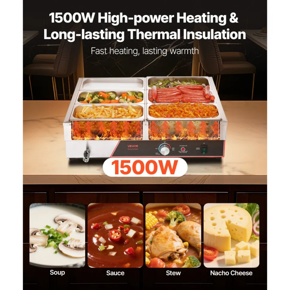 VEVOR Commercial Food Warmer, 1500W Electric Stainless Steel Steam Food Warming with Lid, 6-Pan Fast Heating Countertop Buffet Bain Marie with Power Cord, for Catering, Restaurant, Party & Buffets