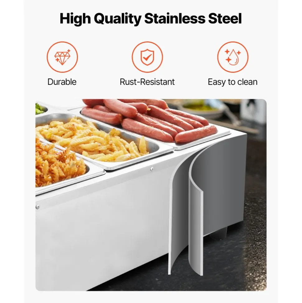 VEVOR Commercial Food Warmer, 1500W Electric Stainless Steel Steam Food Warming with Lid, 6-Pan Fast Heating Countertop Buffet Bain Marie with Power Cord, for Catering, Restaurant, Party & Buffets