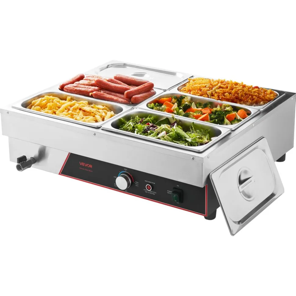 VEVOR Commercial Food Warmer, 1500W Electric Stainless Steel Steam Food Warming with Lid, 6-Pan Fast Heating Countertop Buffet Bain Marie with Power Cord, for Catering, Restaurant, Party & Buffets