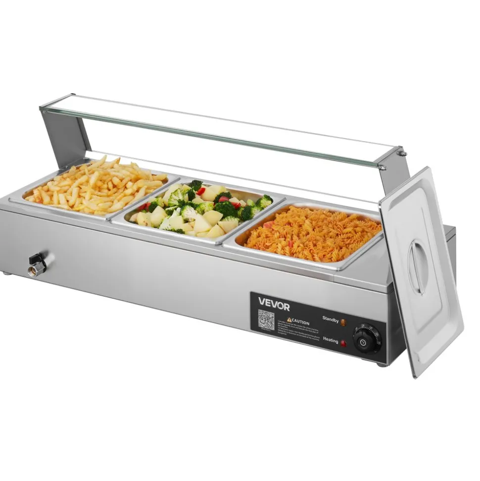 VEVOR Commercial Food Warmer, 1700W Electric Stainless Steel Steam Food Warmer with Glass Cover, 8-Pan Countertop Buffet Bain Marie with Soup & Perforated Ladles, for Catering, Restaurant & Party