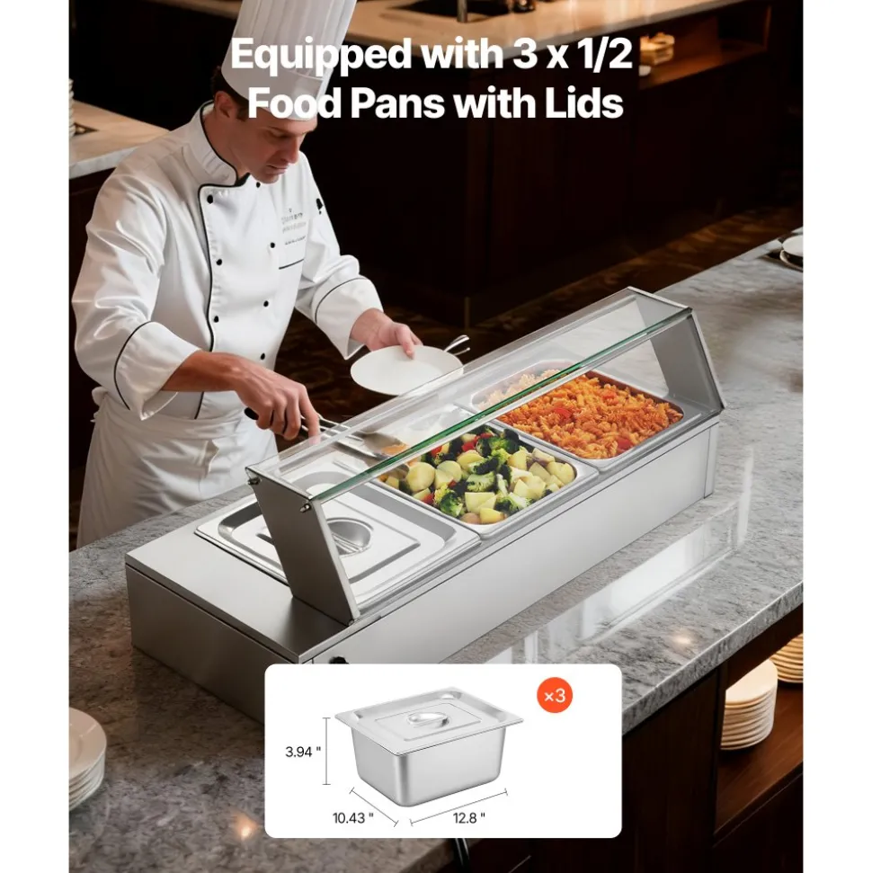 VEVOR Commercial Food Warmer, 1700W Electric Stainless Steel Steam Food Warmer with Glass Cover, 8-Pan Countertop Buffet Bain Marie with Soup & Perforated Ladles, for Catering, Restaurant & Party