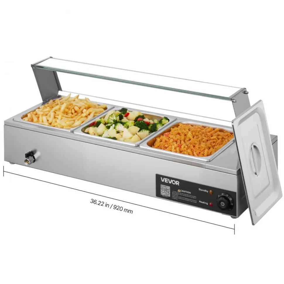 VEVOR Commercial Food Warmer, 1700W Electric Stainless Steel Steam Food Warmer with Glass Cover, 8-Pan Countertop Buffet Bain Marie with Soup & Perforated Ladles, for Catering, Restaurant & Party