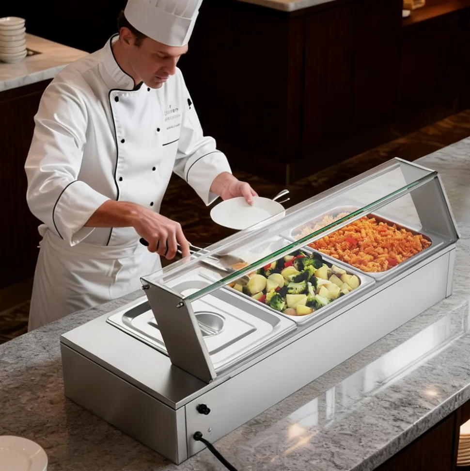 VEVOR Commercial Food Warmer, 1700W Electric Stainless Steel Steam Food Warmer with Glass Cover, 8-Pan Countertop Buffet Bain Marie with Soup & Perforated Ladles, for Catering, Restaurant & Party
