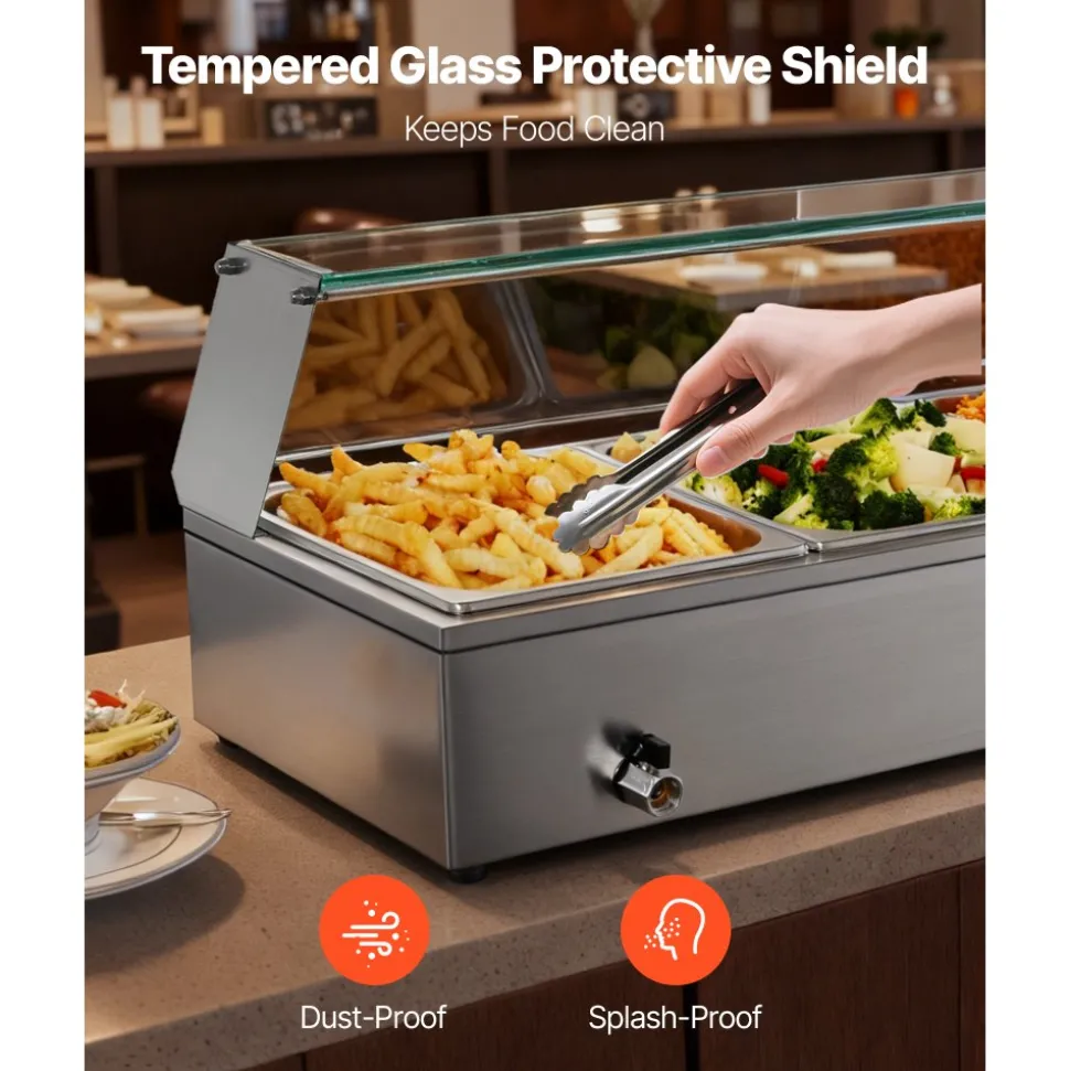 VEVOR Commercial Food Warmer, 1700W Electric Stainless Steel Steam Food Warmer with Glass Cover, 8-Pan Countertop Buffet Bain Marie with Soup & Perforated Ladles, for Catering, Restaurant & Party