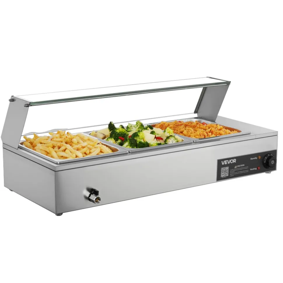 VEVOR Commercial Food Warmer, 1700W Electric Stainless Steel Steam Food Warmer with Glass Cover, 8-Pan Countertop Buffet Bain Marie with Soup & Perforated Ladles, for Catering, Restaurant & Party