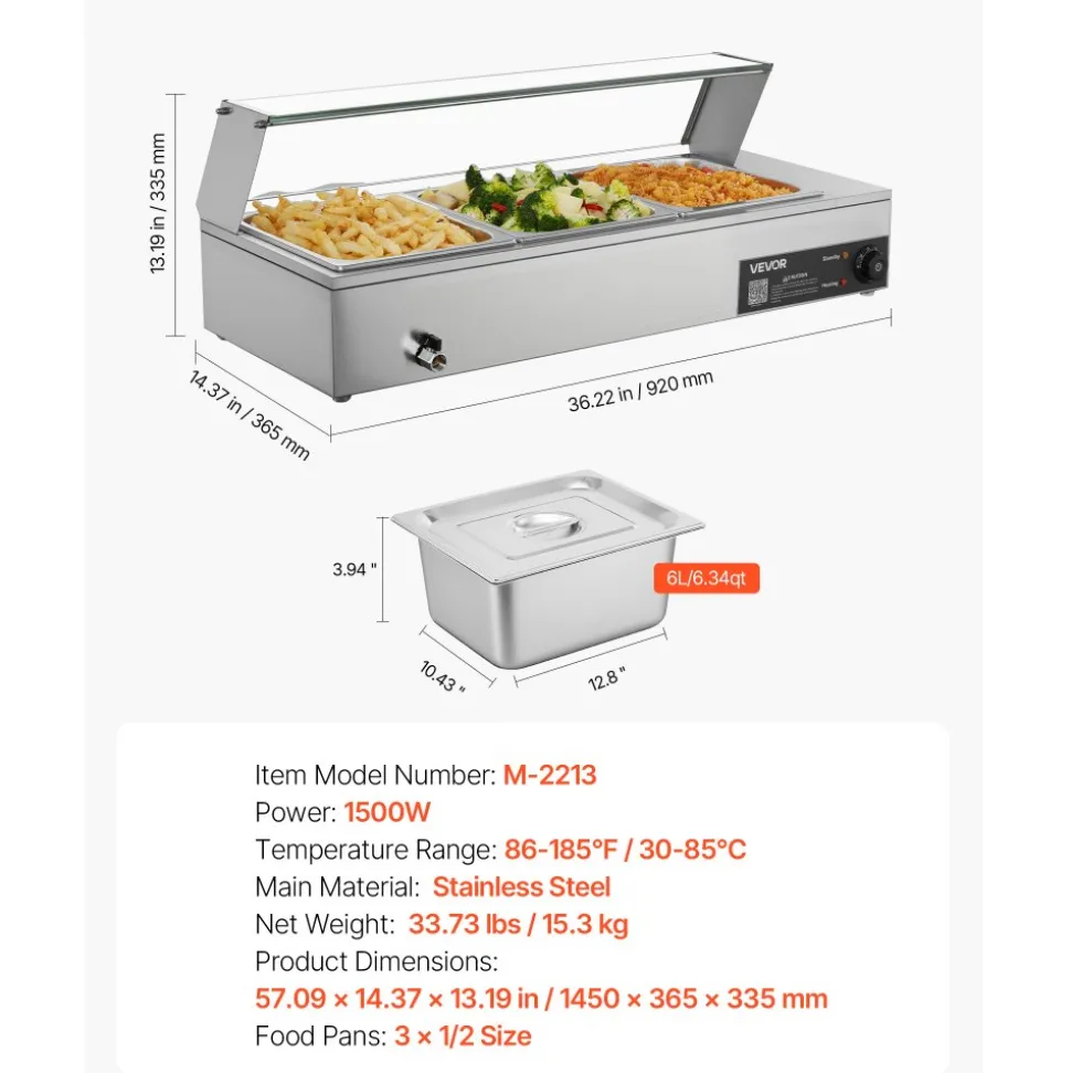 VEVOR Commercial Food Warmer, 1700W Electric Stainless Steel Steam Food Warmer with Glass Cover, 8-Pan Countertop Buffet Bain Marie with Soup & Perforated Ladles, for Catering, Restaurant & Party