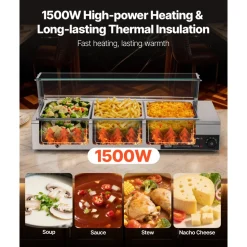 VEVOR Commercial Food Warmer, 1700W Electric Stainless Steel Steam Food Warmer with Glass Cover, 8-Pan Countertop Buffet Bain Marie with Soup & Perforated Ladles, for Catering, Restaurant & Party