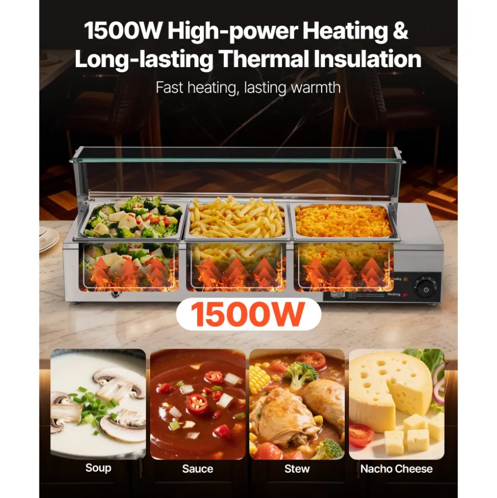 VEVOR Commercial Food Warmer, 1700W Electric Stainless Steel Steam Food Warmer with Glass Cover, 8-Pan Countertop Buffet Bain Marie with Soup & Perforated Ladles, for Catering, Restaurant & Party