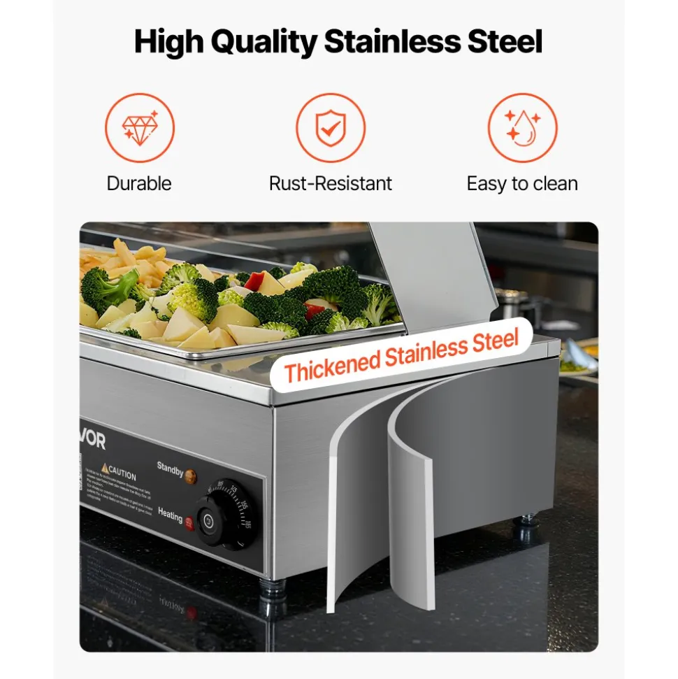 VEVOR Commercial Food Warmer, 1700W Electric Stainless Steel Steam Food Warmer with Glass Cover, 8-Pan Countertop Buffet Bain Marie with Soup & Perforated Ladles, for Catering, Restaurant & Party