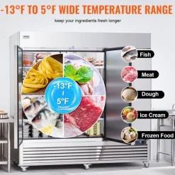 VEVOR Commercial Freezer 60.42 Cu.ft, Reach In 82.5" W Upright Freezer 3 Doors, Auto-Defrost Stainless Steel Reach-in Freezer with 12 Adjustable Shelves, -13 to 5℉ Temp Control, LED Lighting, 4 Wheels