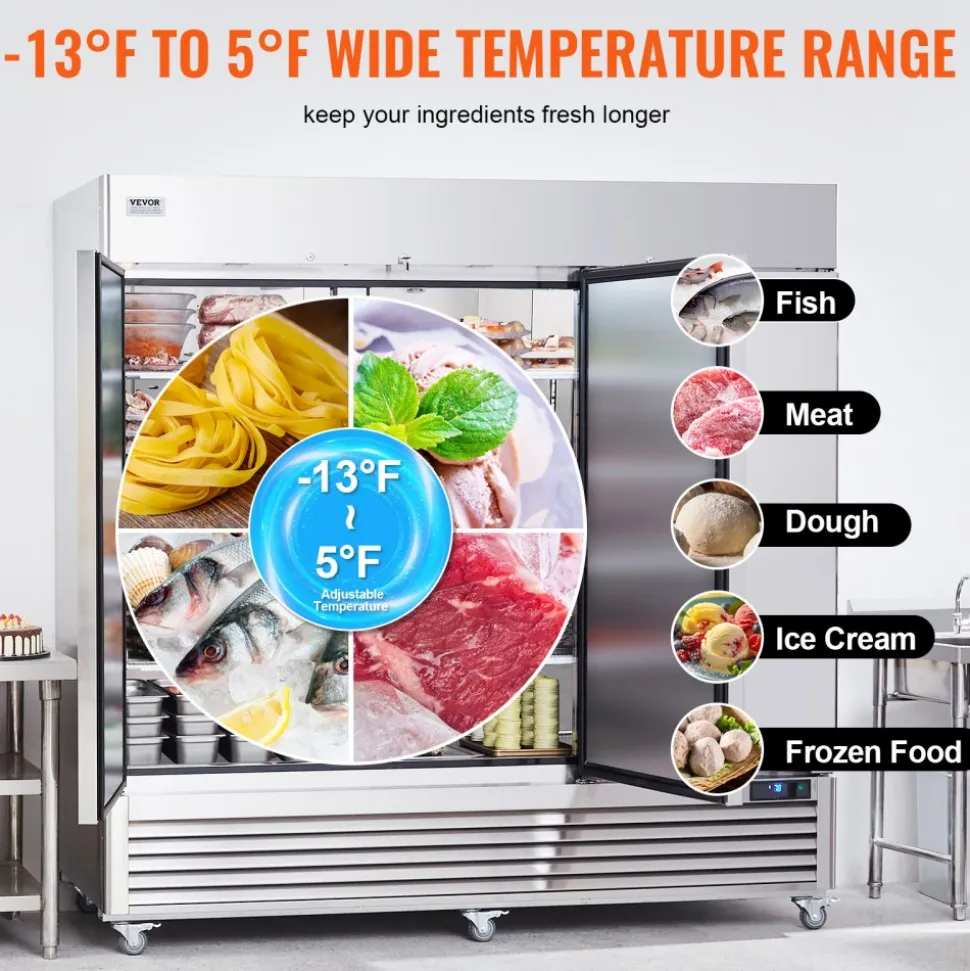 VEVOR Commercial Freezer 60.42 Cu.ft, Reach In 82.5" W Upright Freezer 3 Doors, Auto-Defrost Stainless Steel Reach-in Freezer with 12 Adjustable Shelves, -13 to 5℉ Temp Control, LED Lighting, 4 Wheels