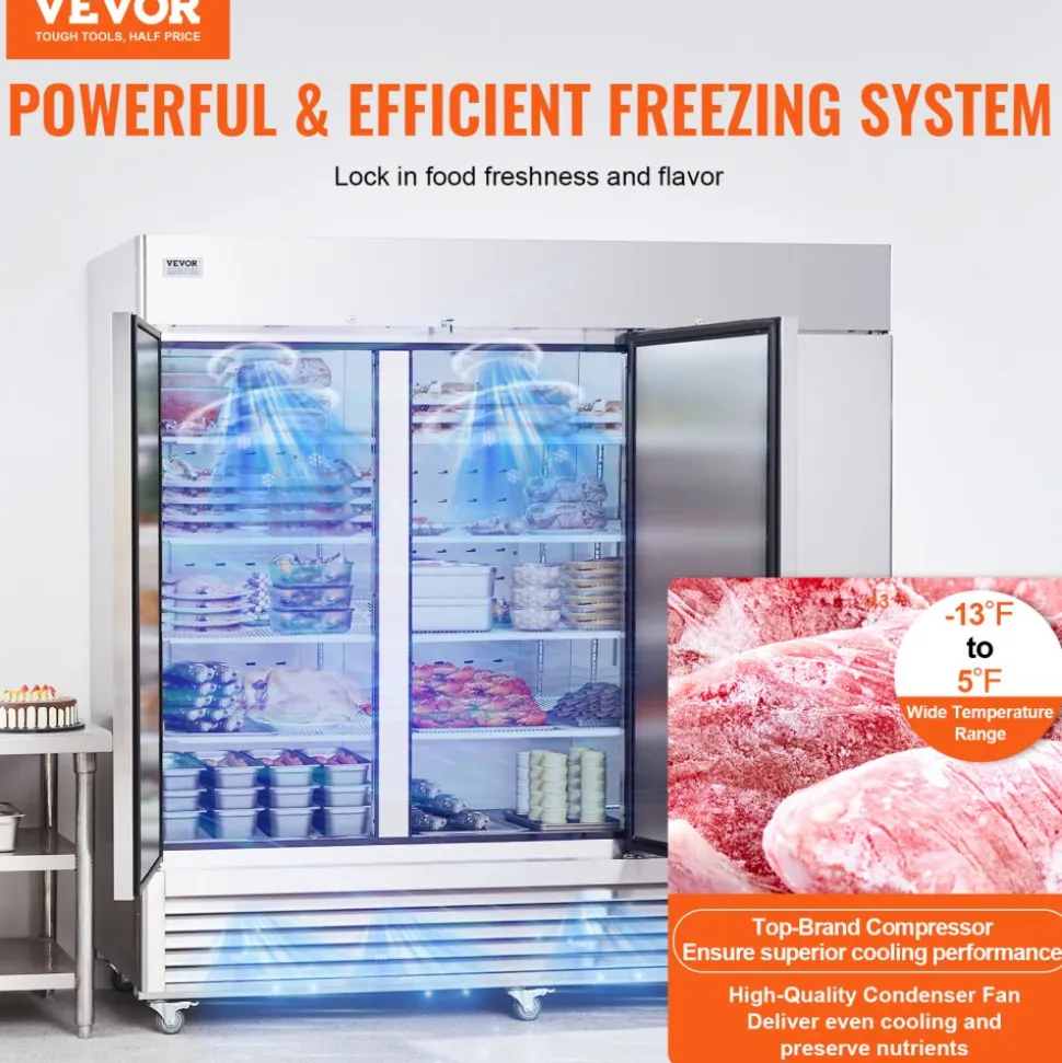 VEVOR Commercial Freezer 60.42 Cu.ft, Reach In 82.5" W Upright Freezer 3 Doors, Auto-Defrost Stainless Steel Reach-in Freezer with 12 Adjustable Shelves, -13 to 5℉ Temp Control, LED Lighting, 4 Wheels