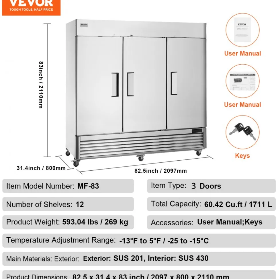 VEVOR Commercial Freezer 60.42 Cu.ft, Reach In 82.5" W Upright Freezer 3 Doors, Auto-Defrost Stainless Steel Reach-in Freezer with 12 Adjustable Shelves, -13 to 5℉ Temp Control, LED Lighting, 4 Wheels
