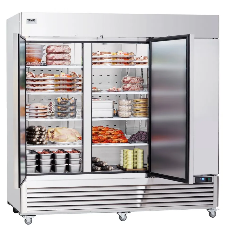 VEVOR Commercial Freezer 60.42 Cu.ft, Reach In 82.5" W Upright Freezer 3 Doors, Auto-Defrost Stainless Steel Reach-in Freezer with 12 Adjustable Shelves, -13 to 5℉ Temp Control, LED Lighting, 4 Wheels