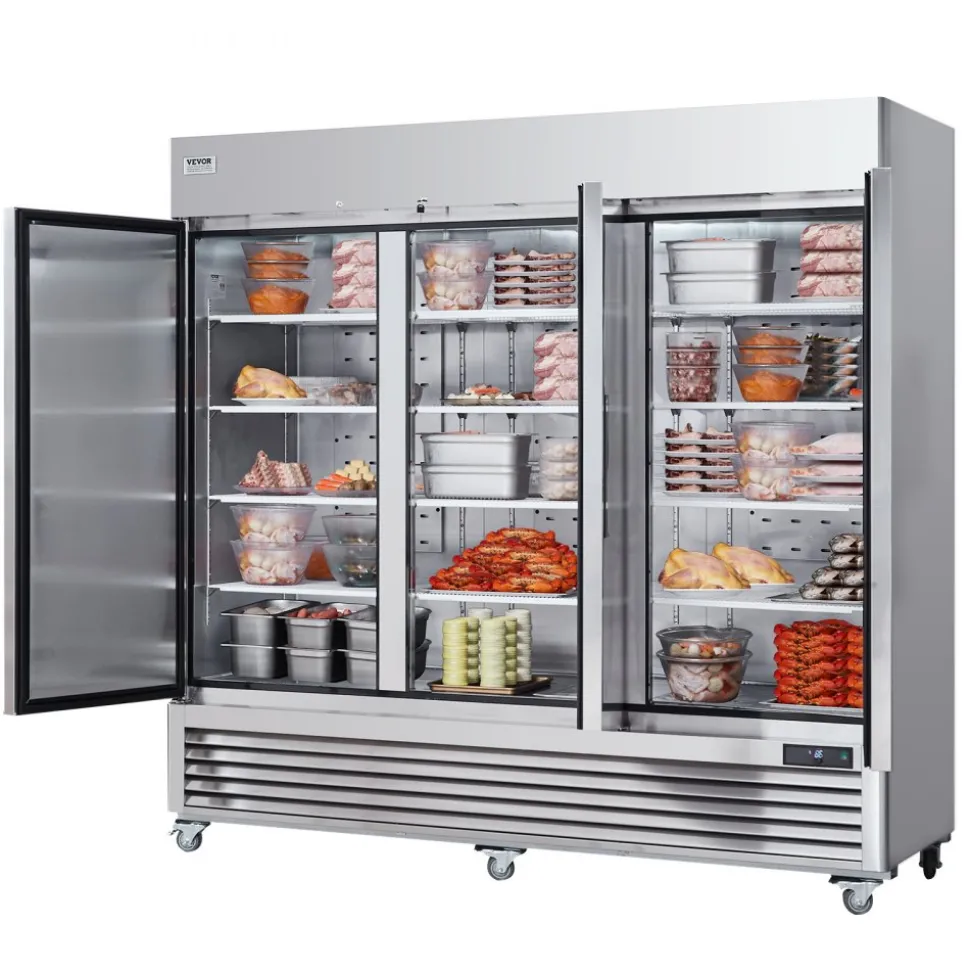 VEVOR Commercial Freezer 60.42 Cu.ft, Reach In 82.5" W Upright Freezer 3 Doors, Auto-Defrost Stainless Steel Reach-in Freezer with 12 Adjustable Shelves, -13 to 5℉ Temp Control, LED Lighting, 4 Wheels