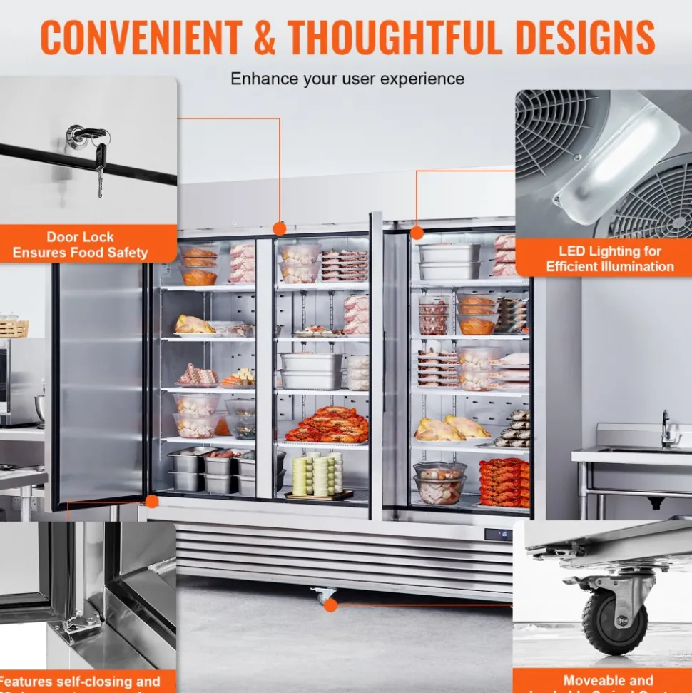 VEVOR Commercial Freezer 60.42 Cu.ft, Reach In 82.5" W Upright Freezer 3 Doors, Auto-Defrost Stainless Steel Reach-in Freezer with 12 Adjustable Shelves, -13 to 5℉ Temp Control, LED Lighting, 4 Wheels