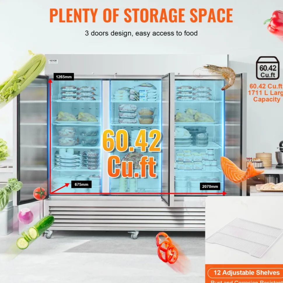 VEVOR Commercial Freezer 60.42 Cu.ft, Reach In 82.5" W Upright Freezer 3 Doors, Auto-Defrost Stainless Steel Reach-in Freezer with 12 Adjustable Shelves, -13 to 5℉ Temp Control, LED Lighting, 4 Wheels
