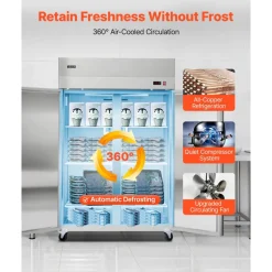 VEVOR Commercial Freezer, 31.89 in Width Reach In Upright-Freezer Double Door, 32.1 Cu.ft Auto-Defrost Stainless Steel Freezer with 8 Adjustable Shelves, -11 to 14℉ Temp Control, LED Light, 4 Wheels