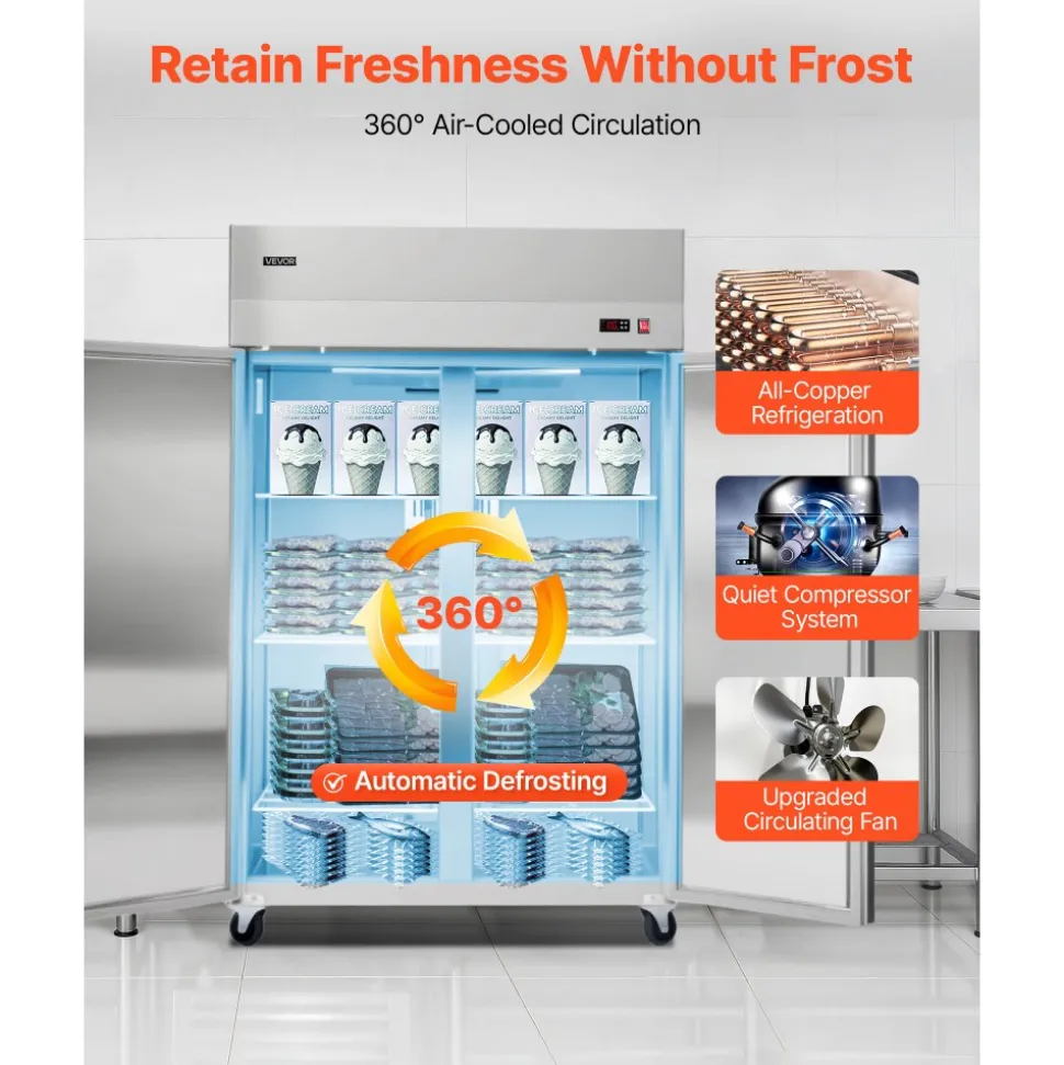 VEVOR Commercial Freezer, 31.89 in Width Reach In Upright-Freezer Double Door, 32.1 Cu.ft Auto-Defrost Stainless Steel Freezer with 8 Adjustable Shelves, -11 to 14℉ Temp Control, LED Light, 4 Wheels