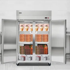 VEVOR Commercial Freezer, 31.89 in Width Reach In Upright-Freezer Double Door, 32.1 Cu.ft Auto-Defrost Stainless Steel Freezer with 8 Adjustable Shelves, -11 to 14℉ Temp Control, LED Light, 4 Wheels