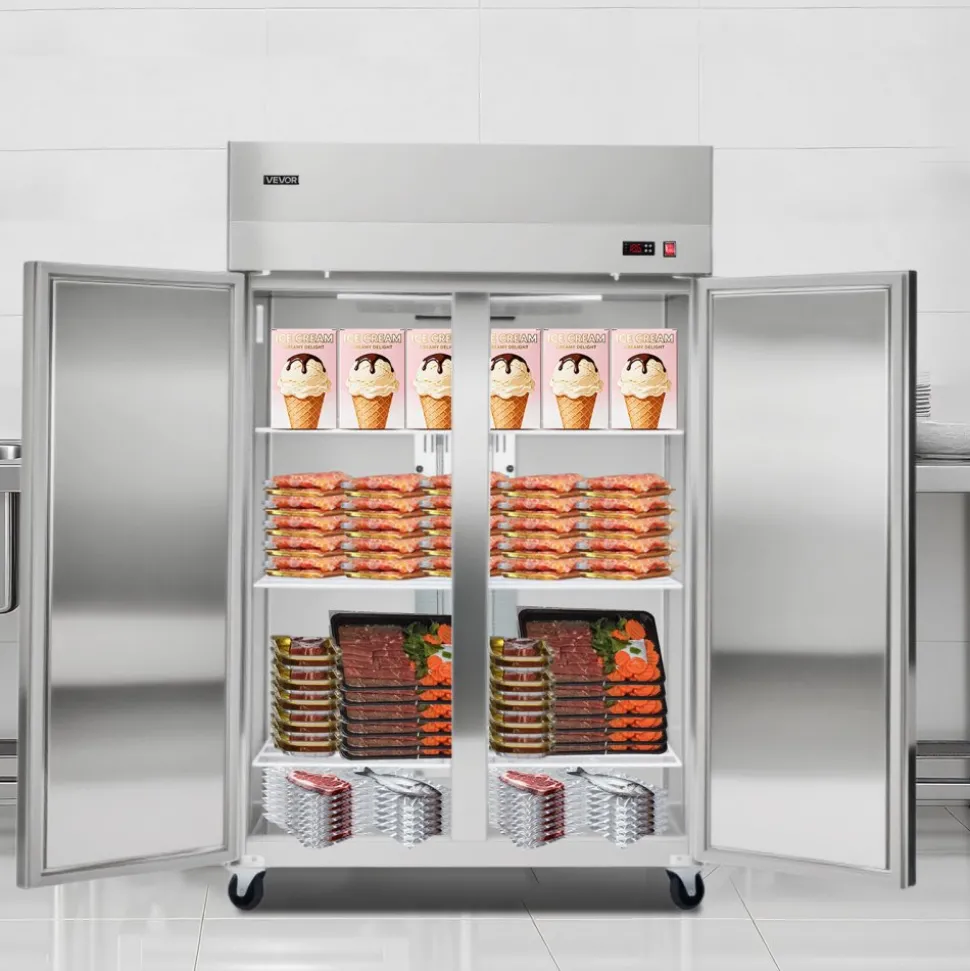VEVOR Commercial Freezer, 31.89 in Width Reach In Upright-Freezer Double Door, 32.1 Cu.ft Auto-Defrost Stainless Steel Freezer with 8 Adjustable Shelves, -11 to 14℉ Temp Control, LED Light, 4 Wheels