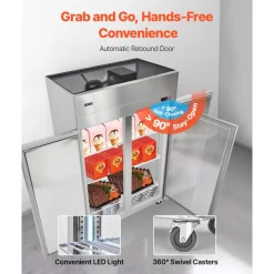 VEVOR Commercial Freezer, 31.89 in Width Reach In Upright-Freezer Double Door, 32.1 Cu.ft Auto-Defrost Stainless Steel Freezer with 8 Adjustable Shelves, -11 to 14℉ Temp Control, LED Light, 4 Wheels