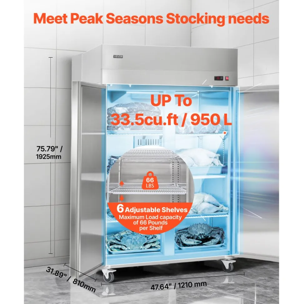 VEVOR Commercial Freezer, 31.89 in Width Reach In Upright-Freezer Double Door, 32.1 Cu.ft Auto-Defrost Stainless Steel Freezer with 8 Adjustable Shelves, -11 to 14℉ Temp Control, LED Light, 4 Wheels