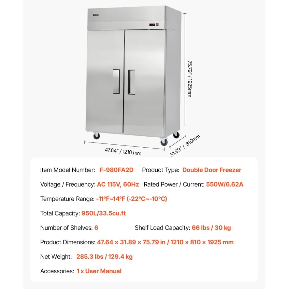 VEVOR Commercial Freezer, 31.89 in Width Reach In Upright-Freezer Double Door, 32.1 Cu.ft Auto-Defrost Stainless Steel Freezer with 8 Adjustable Shelves, -11 to 14℉ Temp Control, LED Light, 4 Wheels